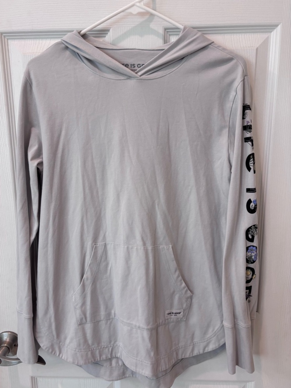 Life is Good Light Gray Hooded Pullover T Shirt with Floral Sleeve Graphic